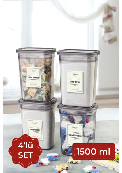 Etiketli Peggy Dikdörtgen Deterjan Saklama Kabı Seti 1500 ml Antrasit 4'lü