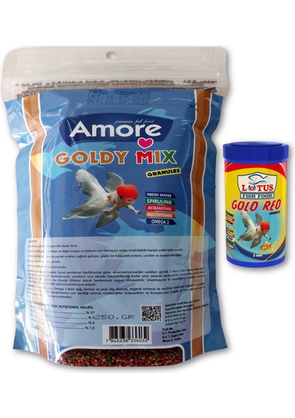 Goldy Mix %37 Yüksek Protein 250 gr Granül Japon Yemi Refill Pack ve 100 ml Lotus Gold Red Balık Yemi