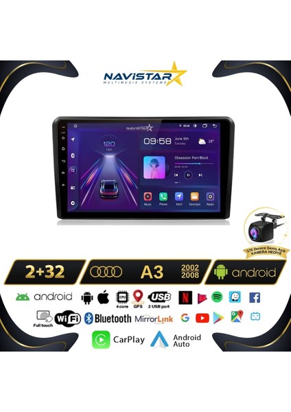 Audi A3 2002-2008 Model 2gb + 32GB Android 13 Kablosuz Carplay N