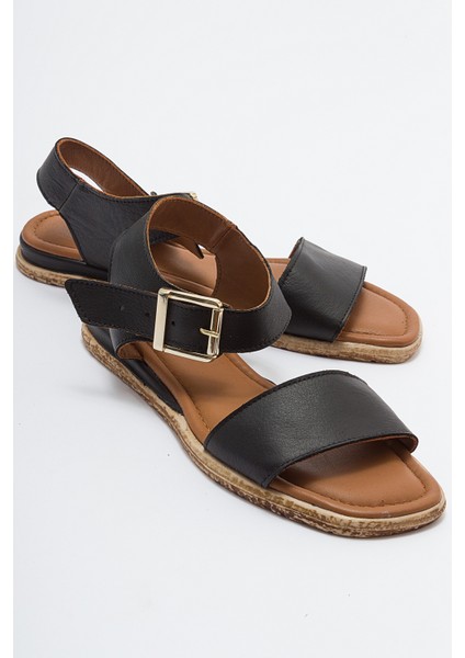 713 Hakıkı Derı Siyah Kadın Sandalet