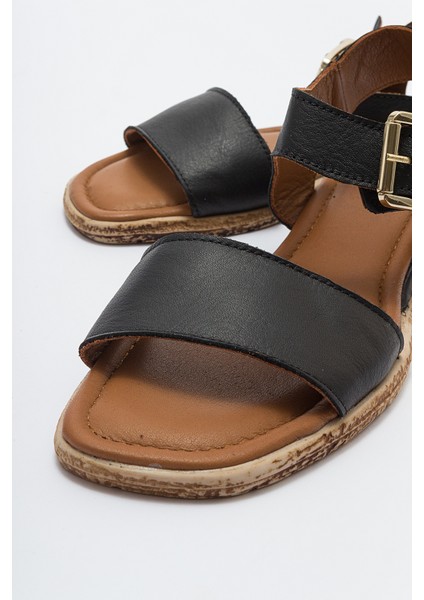 713 Hakıkı Derı Siyah Kadın Sandalet