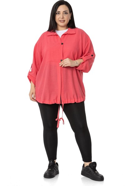 Büyük Beden Cep Detaylı Katlamalı Kollu Fuşya Ceket