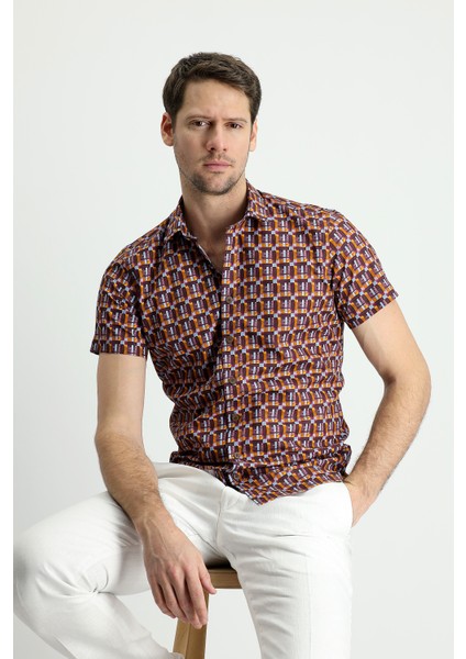 Kısa Kol Slim Fit Baskılı Gömlek