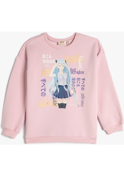 Anime Baskılı Sweatshirt Bisiklet Yaka Uzun Kollu Pamuklu