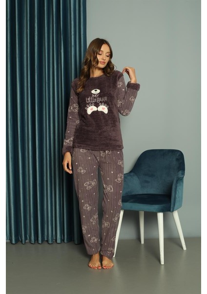 Yeni Sezon Sonbahar/kış Kadın Welsoft Polar Yuvarlak Yaka Ayıcık Desenli Kalın Pijama Takımı 30003