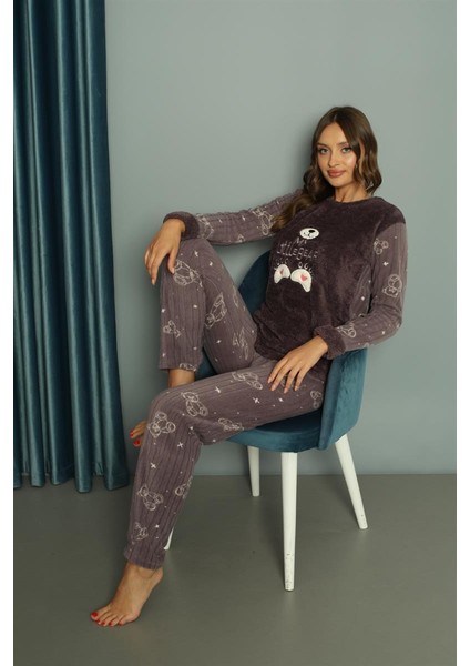 Yeni Sezon Sonbahar/kış Kadın Welsoft Polar Yuvarlak Yaka Ayıcık Desenli Kalın Pijama Takımı 30003 fiyatları