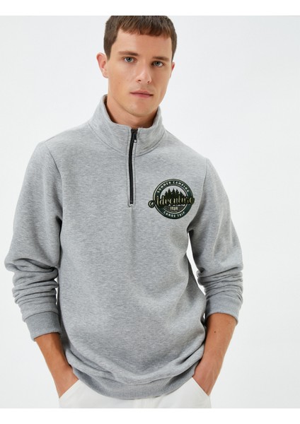Yarım Fermuarlı Sweatshirt Kolej Baskılı Dik Yaka