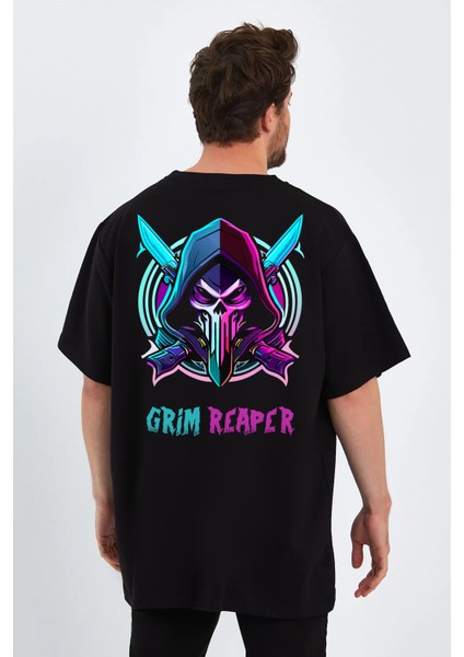 Grim Reaper Baskılı Oversize Unisex Sıfır Yaka Tişört