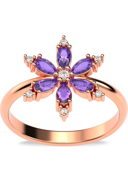 Ametist Taşlı Lotus Çiçeği Rose Gümüş Yüzük