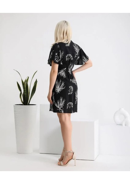 Siyah Beyaz Dal Kruvaze Yakalı Yandan Bağlamalı Viskon Elbise fiyatları
