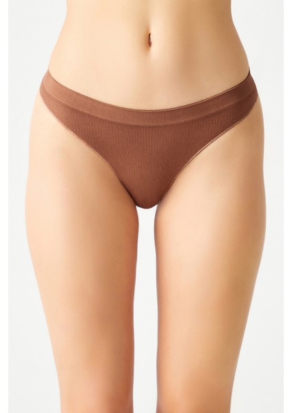 Kahverengi Fitilli Seamless Tanga Külot Ribbed Thong