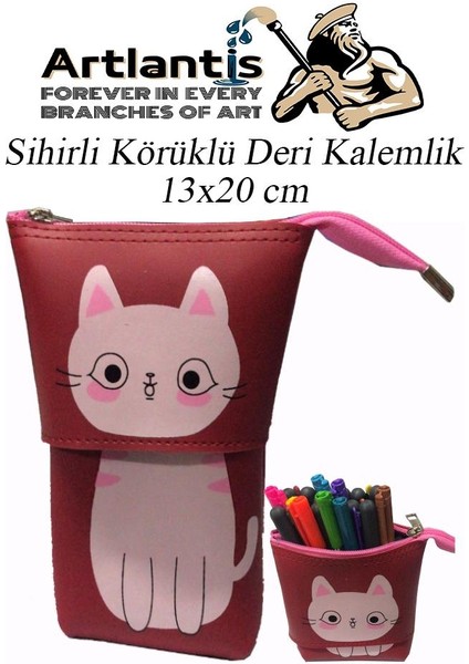 Körüklü Kalemlik Kedi 1 Adet Kırmızı Renk Sihirli Körüklü Deri Kalemlik Kalem Çantası Sevimli Kedi Kalem Kutusu
