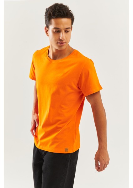 Turuncu Oversize RahatPamuklu Penye Bisiklet Yaka Kısa Kol Basic T-Shirt Trendy Collection