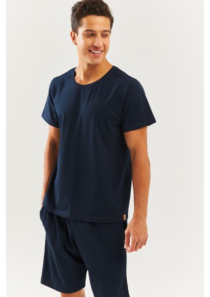 Lacivert Oversize RahatPamuklu Penye Bisiklet Yaka Kısa Kol Basic T-Shirt Classic Collection