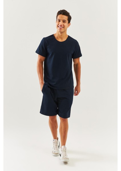 Lacivert Oversize RahatPamuklu Penye Bisiklet Yaka Kısa Kol Basic T-Shirt Classic Collection
