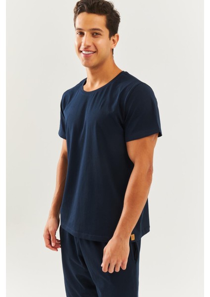 Lacivert Oversize RahatPamuklu Penye Bisiklet Yaka Kısa Kol Basic T-Shirt Classic Collection