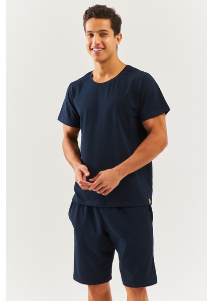 Lacivert Oversize RahatPamuklu Penye Bisiklet Yaka Kısa Kol Basic T-Shirt Classic Collection