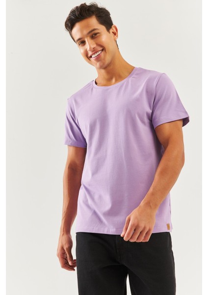 Lila Oversize RahatPamuklu Penye Bisiklet Yaka Kısa Kol Basic T-Shirt Trendy Collection