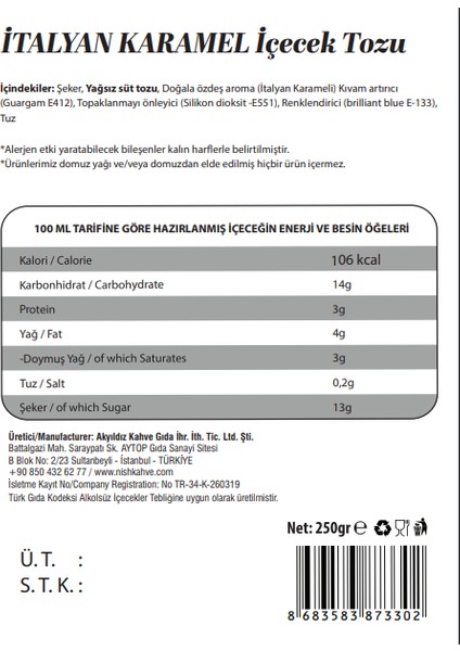 İtalyan Karamel Aromalı Toz İçecek 250 gr