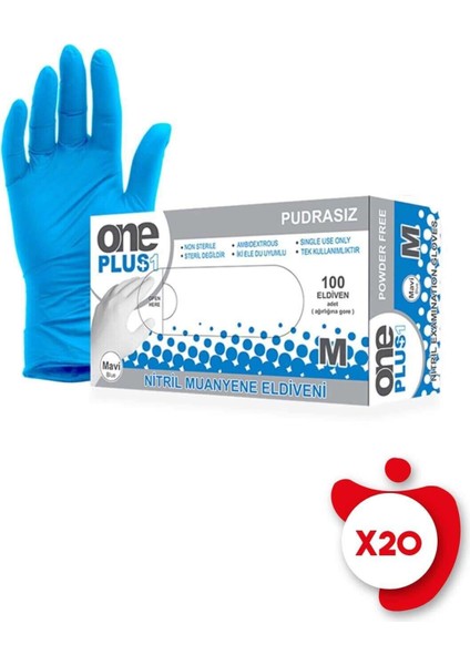 Pudrasız Nitril Eldiven M Beden Mavi 100'LÜ 20 Paket