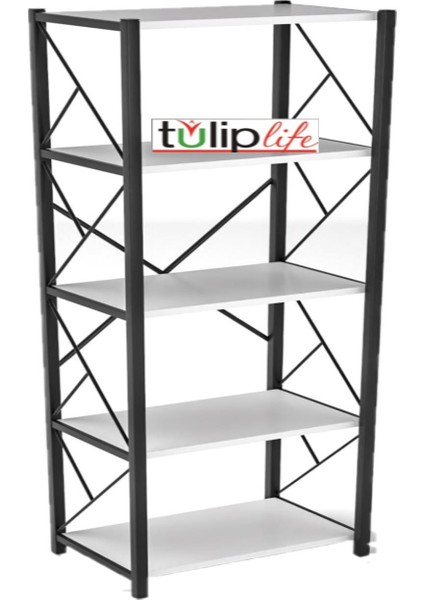 Tuliplife 5 Raflı Dekoratif Metal Beyaz Kitaplık, TLPK05S.B