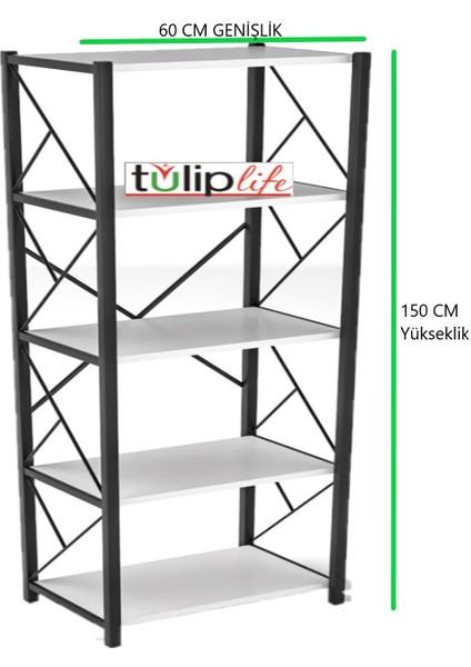 Tuliplife 5 Raflı Dekoratif Metal Beyaz Kitaplık, TLPK05S.B