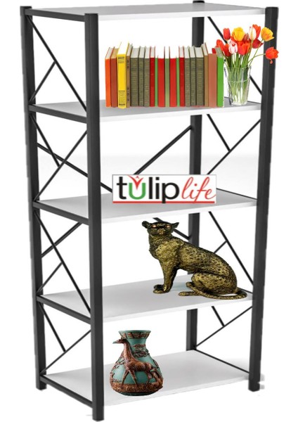 Tuliplife 5 Raflı Dekoratif Metal Beyaz Kitaplık, TLPK05S.B