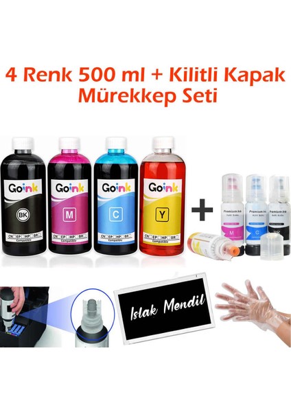 Epson L3252 4X500 ml Mürekkep + Kilitli Kapak Mürekkep Seti (Muadil)