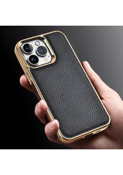 iPhone 13 Uyumlu Kılıf Wiwu Genuine Leather Gold Calfskin Orjinal Deri Kapak Soft Kaymaz