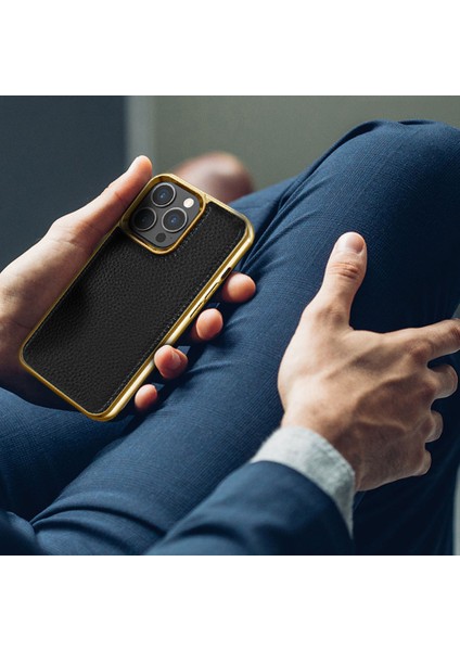 iPhone 13 Uyumlu Kılıf Wiwu Genuine Leather Gold Calfskin Orjinal Deri Kapak Soft Kaymaz