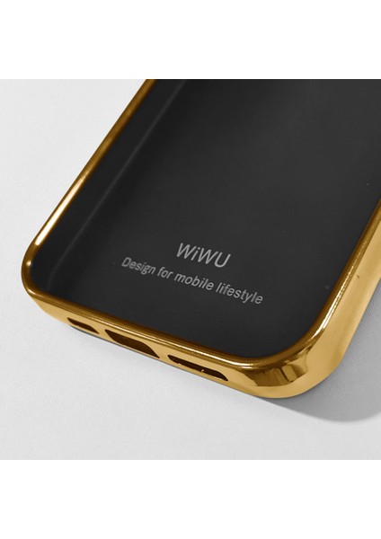 iPhone 13 Uyumlu Kılıf Wiwu Genuine Leather Gold Calfskin Orjinal Deri Kapak Soft Kaymaz