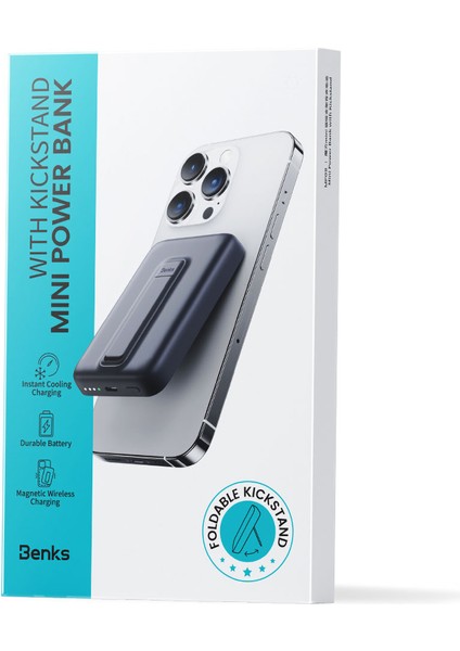 Magsafe Powerbank Benks MP09 Magnetik Standlı Ince Tasarımlı Powerbank 6000MAH 5W Beyaz