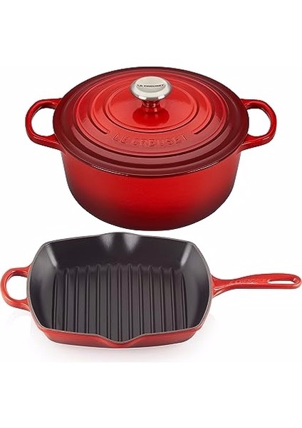 Le Creuset Dökme Demir Saplı Tencere 26 cm + Dökme Demir Izgara Tavası Kare 26 cm