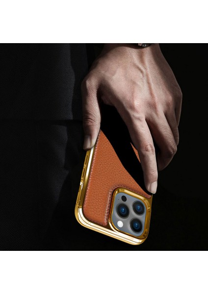 iPhone 13 Mini Uyumlu Kılıf Wiwu Genuine Leather Gold Calfskin Orjinal Deri Kapak