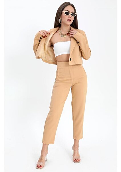 Çift Peto Cepli Kısa Crop Blazer Ceket Camel