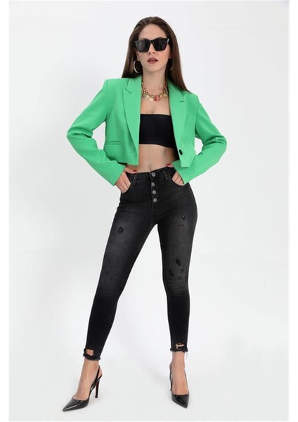 Çift Peto Cepli Kısa Crop Blazer Ceket Yeşil