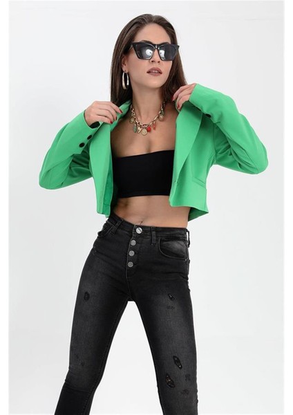 Çift Peto Cepli Kısa Crop Blazer Ceket Yeşil