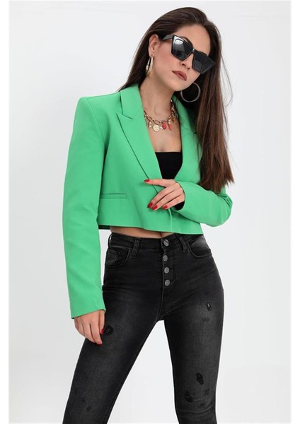 Çift Peto Cepli Kısa Crop Blazer Ceket Yeşil