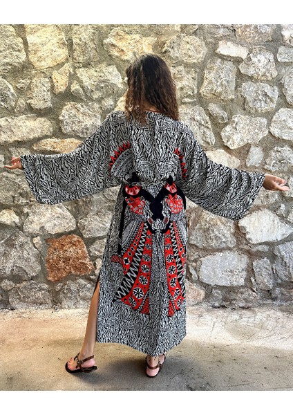 Afrikalı Kadın Desenli Viskon Kimono Siyah Kırmızı