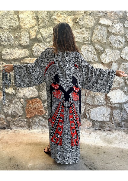 Afrikalı Kadın Desenli Viskon Kimono Siyah Kırmızı