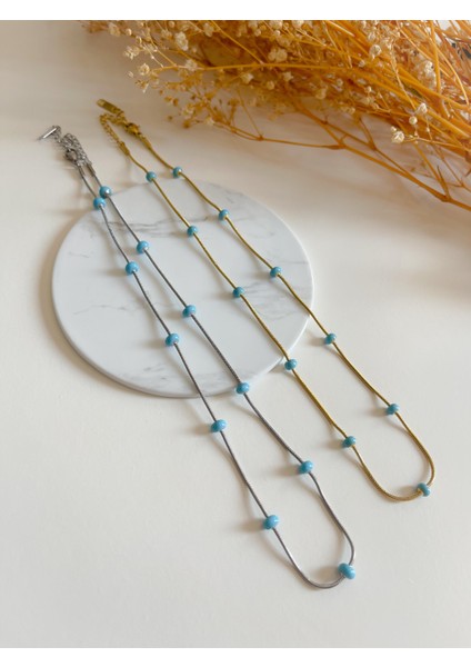 Çelik Mavi Boncuklu Zincir Kolye Gümüş modelleri