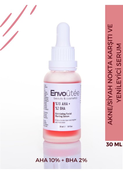 Aha & Bha Canlandırıcı, Sivilce Karşıtı & Cilt Tonu Eşitleyici Kırmızı Peeling Cilt Serumu 30 ml 1,01 Fl.oz (Aha 10% + Bha 2%)