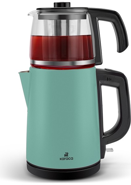 Tea Glass 2 In 1 Çelik Çay Makinesi ve Kettle Blue Mist