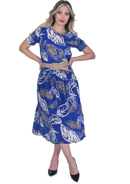 Kadın Midi Boy Yaprak Desenli Pamuk Kumaş Elbise