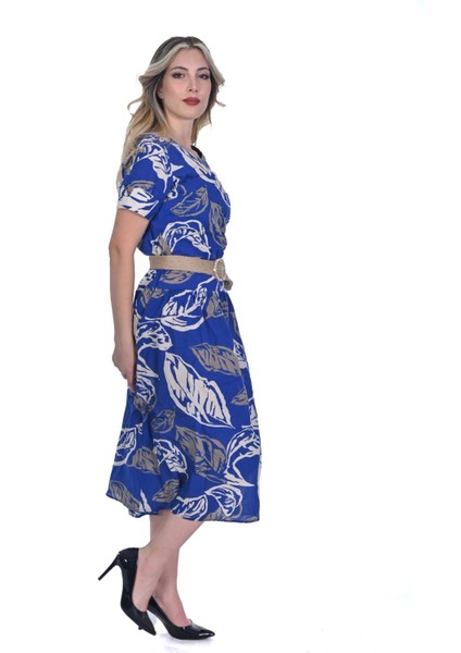 Kadın Midi Boy Yaprak Desenli Pamuk Kumaş Elbise modelleri