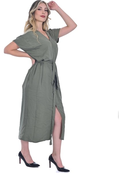 Büyük Beden V Yaka Kemerli Önden Yırtmaçlı Elbise modelleri