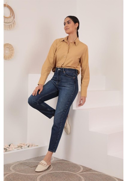 İnci Düğme Detaylı Taba Oversize Gömlek