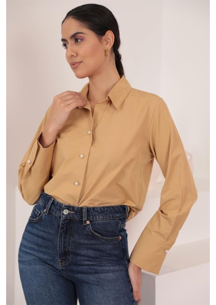 İnci Düğme Detaylı Taba Oversize Gömlek