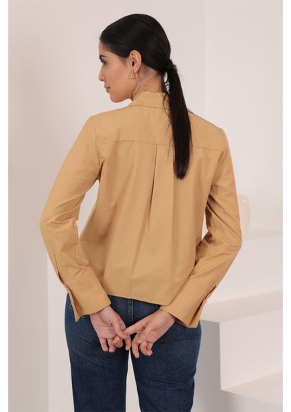 İnci Düğme Detaylı Taba Oversize Gömlek