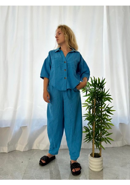Keten Oversize Mavi Gömlek